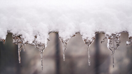 Obraz na płótnie Canvas Icicles hang from the snow-covered slate.