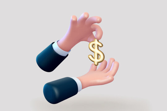 3D cartoon business man hand holding US Dollar currency sign over an open hand. Concept of stock exchange, bank transfer and investing. Shiny golden Dollar icon in human hand. Vector illustration.