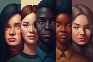 People of different gender, race and age. AI-generated illustration, representing diversity and inclusion. - obrazy, fototapety, plakaty