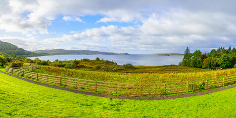 Fototapeta na wymiar Panoramic view of Loch Melfort landscape, Argyll and Bute