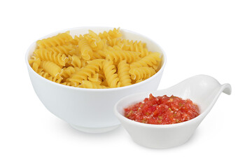 Pasta and sauce in white bowls on an isolated white background. Pasta and tomato sauce.