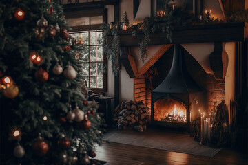 Obraz na płótnie Canvas A fireplace with christmas decorations in a rustic and cozy living room. AI-generated.