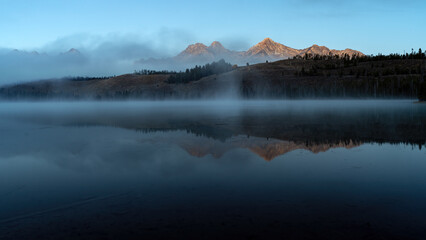 Fog rising off of Little Redfish lake in the Idaho Sawtooth’s