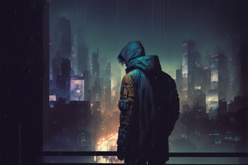 Fototapeta premium Cyberpunk City Landscape a young man looking at the megacity, concept digital art generative ai illustration 