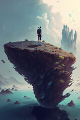 person with backpack on the top of a flying mountain nature, concept success, illustration design art style 