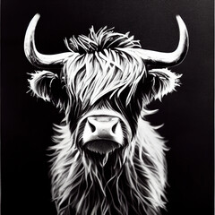 black and white illustrated photo of a highland cow staring at the cameras, canon 85mm , symmetrical horns, ai assisted