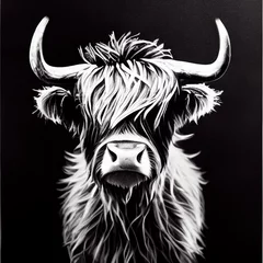Foto op Canvas black and white illustrated photo of a highland cow staring at the cameras, canon 85mm , symmetrical horns, ai assisted © SHArtistry