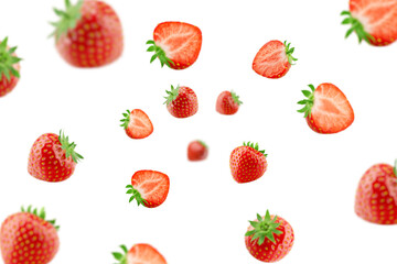 Falling strawberry isolated on white background, selective focus