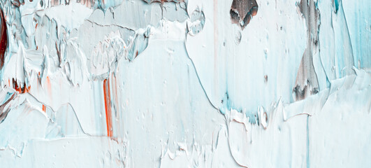 Macro. Abstract art. Expressive embossed pasty oil paints and reliefs. Colors: white, red, blue, black black, brown.