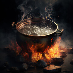Dense steam above a boiling cauldron. Magical pot with boiling and bubbling potion. Steam and bubbling in the witch alchemy cauldron. Halloween illustration.