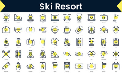 Set of thin line ski resort Icons. Line art icon with Yellow shadow. Vector illustration