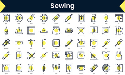 Fototapeta na wymiar Set of thin line sewing Icons. Line art icon with Yellow shadow. Vector illustration