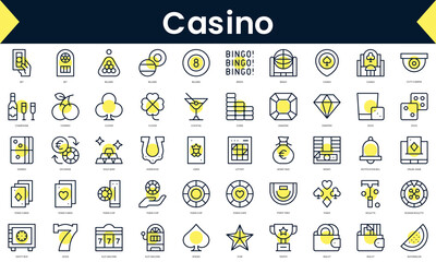 Set of thin line casino Icons. Line art icon with Yellow shadow. Vector illustration