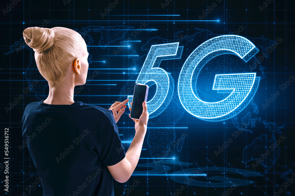 Poster attractive blonde woman using cellphone with glowing 5g hologram on blurry background. wireless inte
