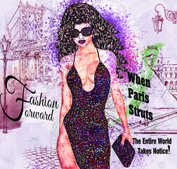 Paris fashion and beauty scene.  French style comes through in this electric digital art combination of clothing, hair, makeup and background scenery