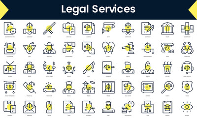 Set of thin line legal services Icons. Line art icon with Yellow shadow. Vector illustration
