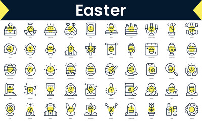 Set of thin line easter Icons. Line art icon with Yellow shadow. Vector illustration