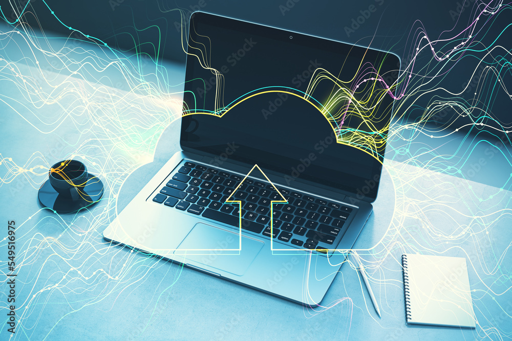 Poster close up of laptop with cloud computing creative colorful lines metaverse hologram, notepad and coff