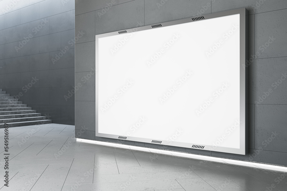 Poster Empty white mock up billboard frame in underground with stairs. Commercial ad concept. 3D Rendering.