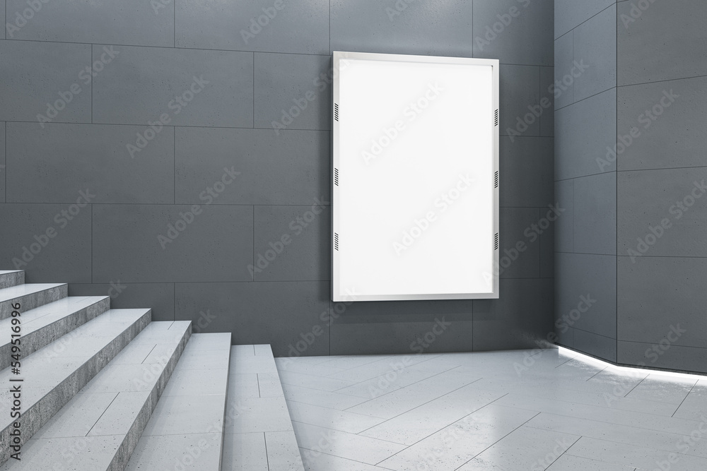 Poster empty white mock up banner in underground with stairs. commercial ad concept. 3d rendering.