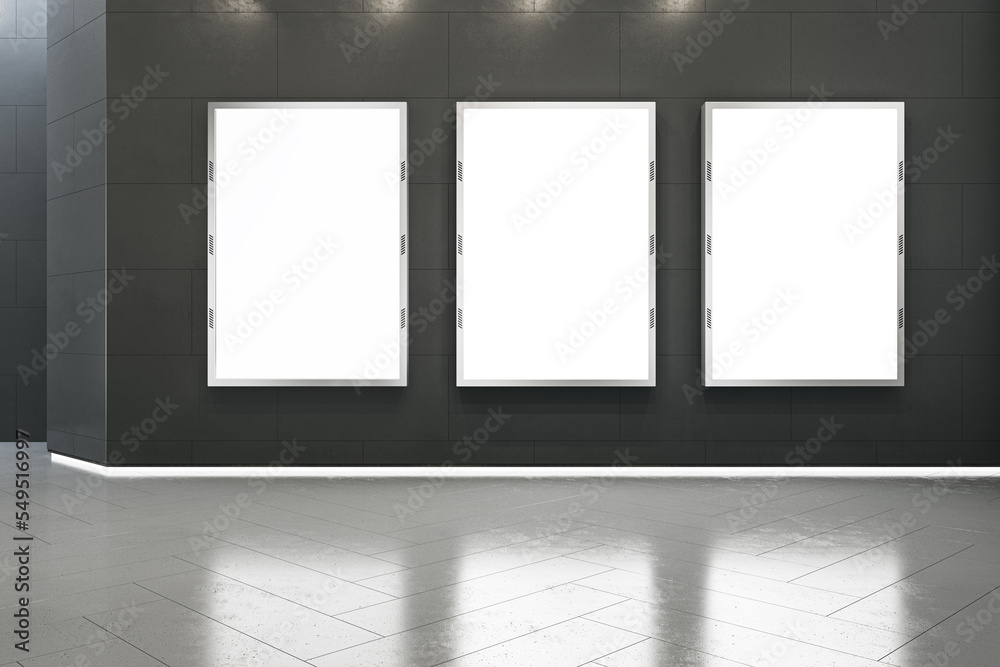 Poster empty white mock up banner in underground. commercial ad concept. 3d rendering.