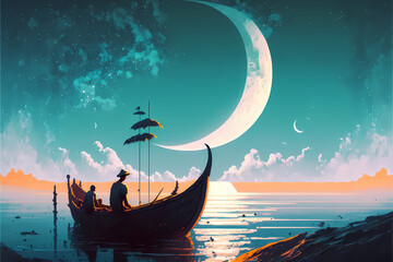 fisherman boat on a blue lake, big moon at the horizon, illustration design art style 