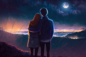young couple embracing each other in love on the hill outdoor at night, silhouette facing showing back, colorful illustration art drawing 