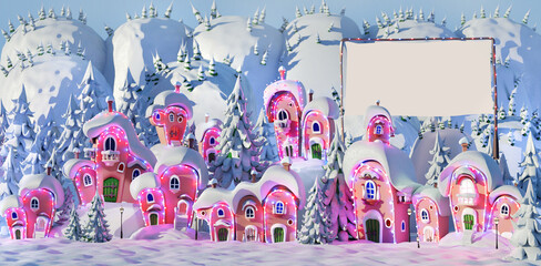 Fairy village at winter. Cartoon Christmas scene. 