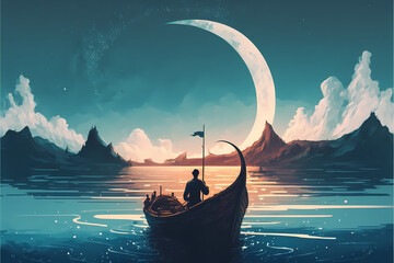 fisherman boat on a blue lake, big moon at the horizon, illustration design art style  - obrazy, fototapety, plakaty