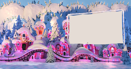 Fantasy village at winter. Cartoon Christmas scene with big banner for your text.	
