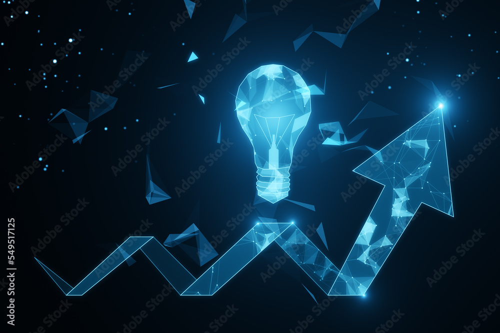 Poster Abstract glowing polygonal light bulb and arrow on dark background. Idea and breakthough concept. 3D Rendering.