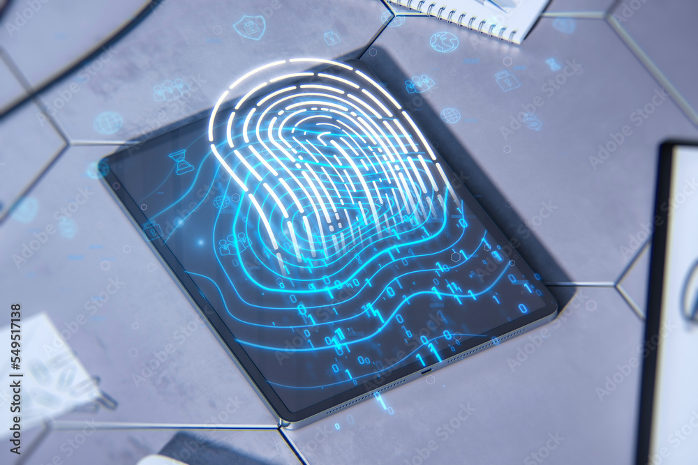 Poster close up of tablet on desktop with supplies and glowing digital fingerprint hologram. digital id, sa