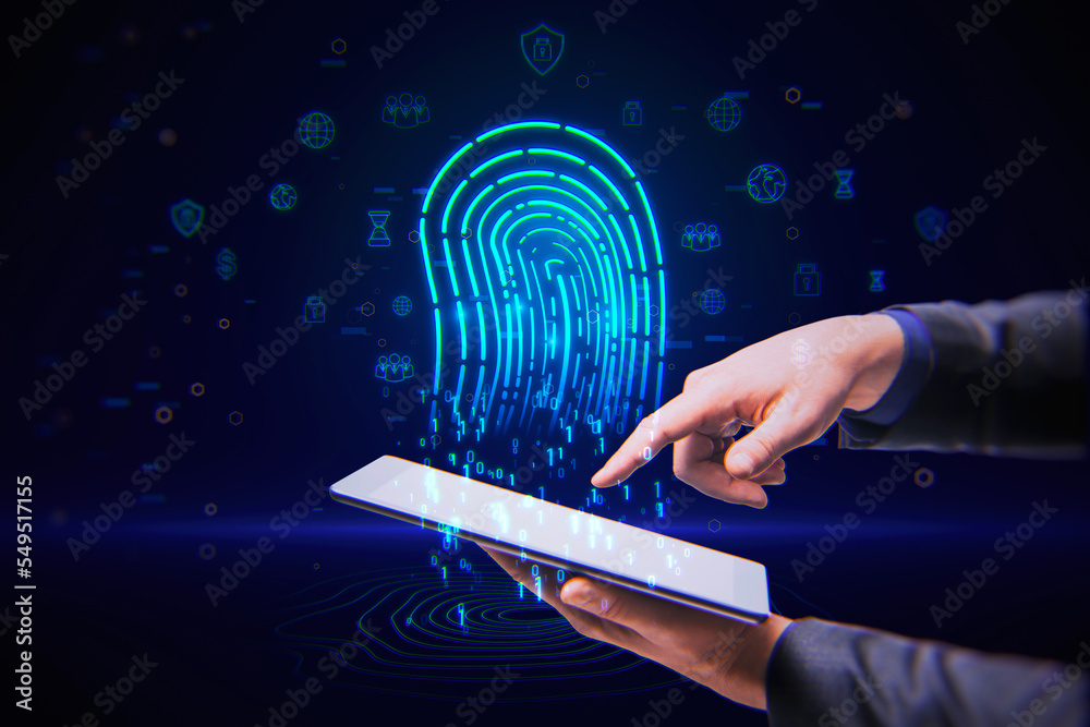 Poster close up of businessman hand holding and pointing at cellphone with glowing fingerprint hologram on 