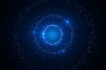 Abstract blue space hologram on blurry dark background. Metaverse and cyberspace concept. 3D Rendering.