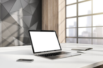 Fototapeta premium Modern designer office interior with blank white mock up laptop monitor, smartphone, book and window with city view. 3D Rendering.