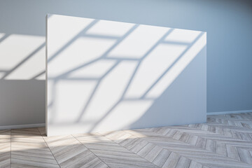 Obraz premium Clean gallery interior with empty poster and sunlight shadow on concrete wall. Mock up, 3D Rendering.