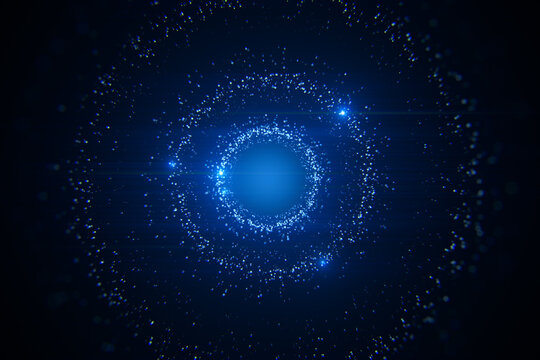 Abstract blue space hologram on blurry dark background. Metaverse and cyberspace concept. 3D Rendering.