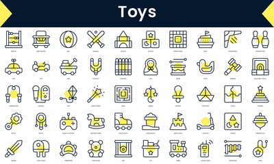 Set of thin line toys Icons. Line art icon with Yellow shadow. Vector illustration