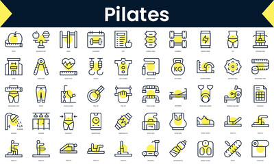 Set of thin line pilates Icons. Line art icon with Yellow shadow. Vector illustration