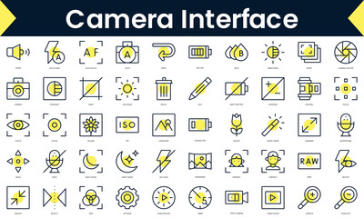 Set of thin line camera interface Icons. Line art icon with Yellow shadow. Vector illustration