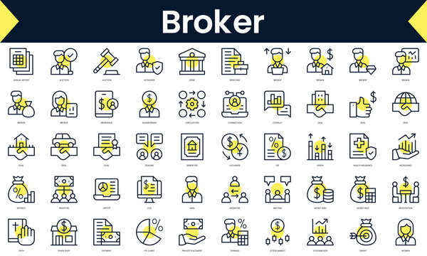 Set of thin line broker Icons. Line art icon with Yellow shadow. Vector illustration