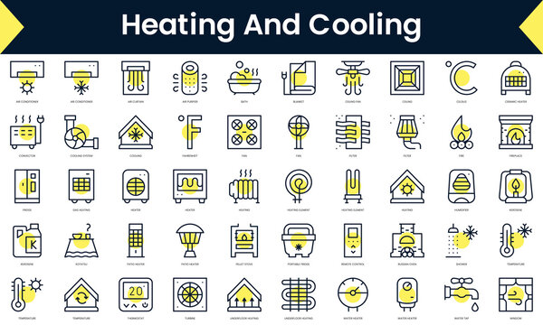 Set of thin line heating and cooling Icons. Line art icon with Yellow shadow. Vector illustration