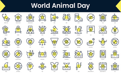 Set of thin line world animal day Icons. Line art icon with Yellow shadow. Vector illustration