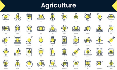 Set of thin line agriculture Icons. Line art icon with Yellow shadow. Vector illustration