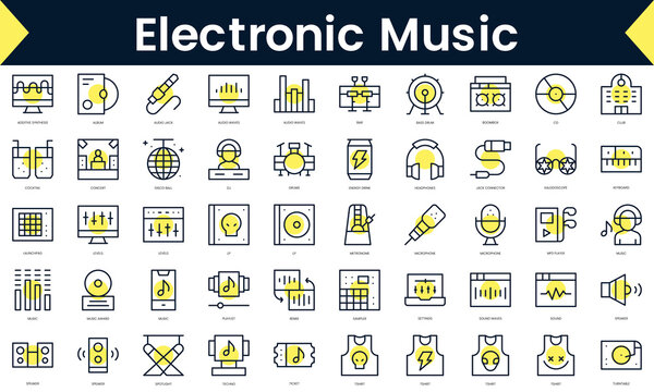 Set of thin line electronic music Icons. Line art icon with Yellow shadow. Vector illustration
