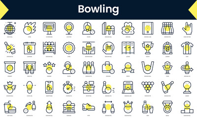 Set of thin line bowling Icons. Line art icon with Yellow shadow. Vector illustration