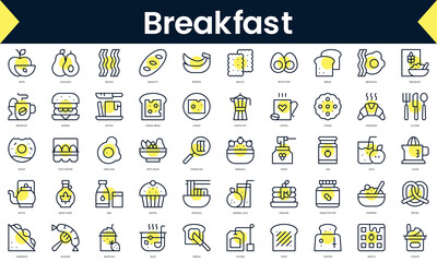 Set of thin line breakfast Icons. Line art icon with Yellow shadow. Vector illustration