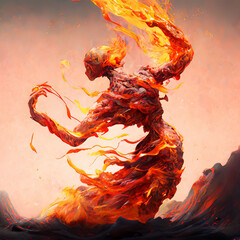 Fire elemental on fantastic background. Fire demon on magical background. Fairy tale mystic fire creature on red background. Fire elemental illustration. - obrazy, fototapety, plakaty