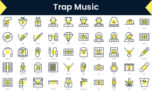 Set of thin line trap music Icons. Line art icon with Yellow shadow. Vector illustration