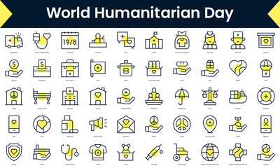 Set of thin line world humanitarian day Icons. Line art icon with Yellow shadow. Vector illustration